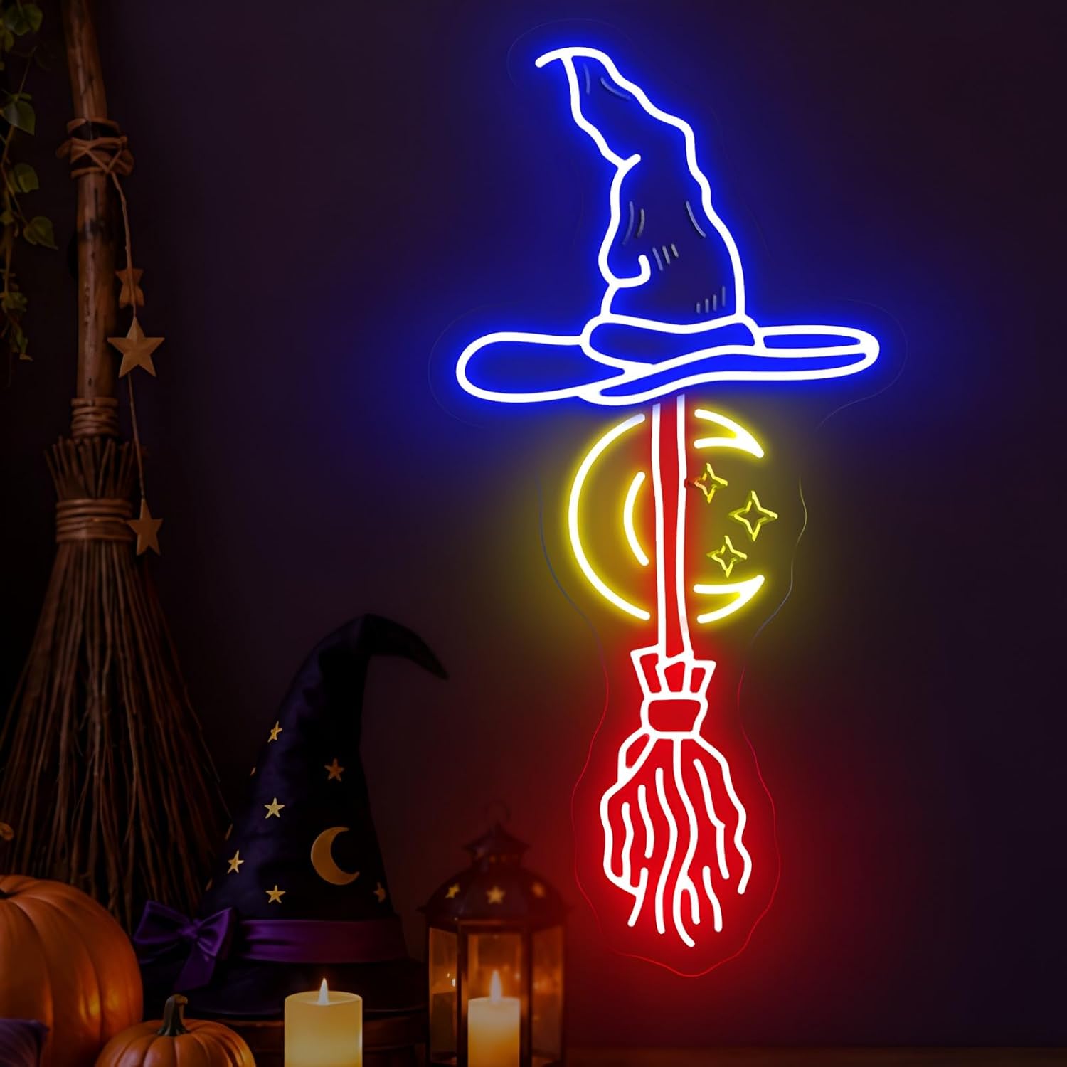 Neon Sign Party - Witch Hat Broom Neon Sign Moon