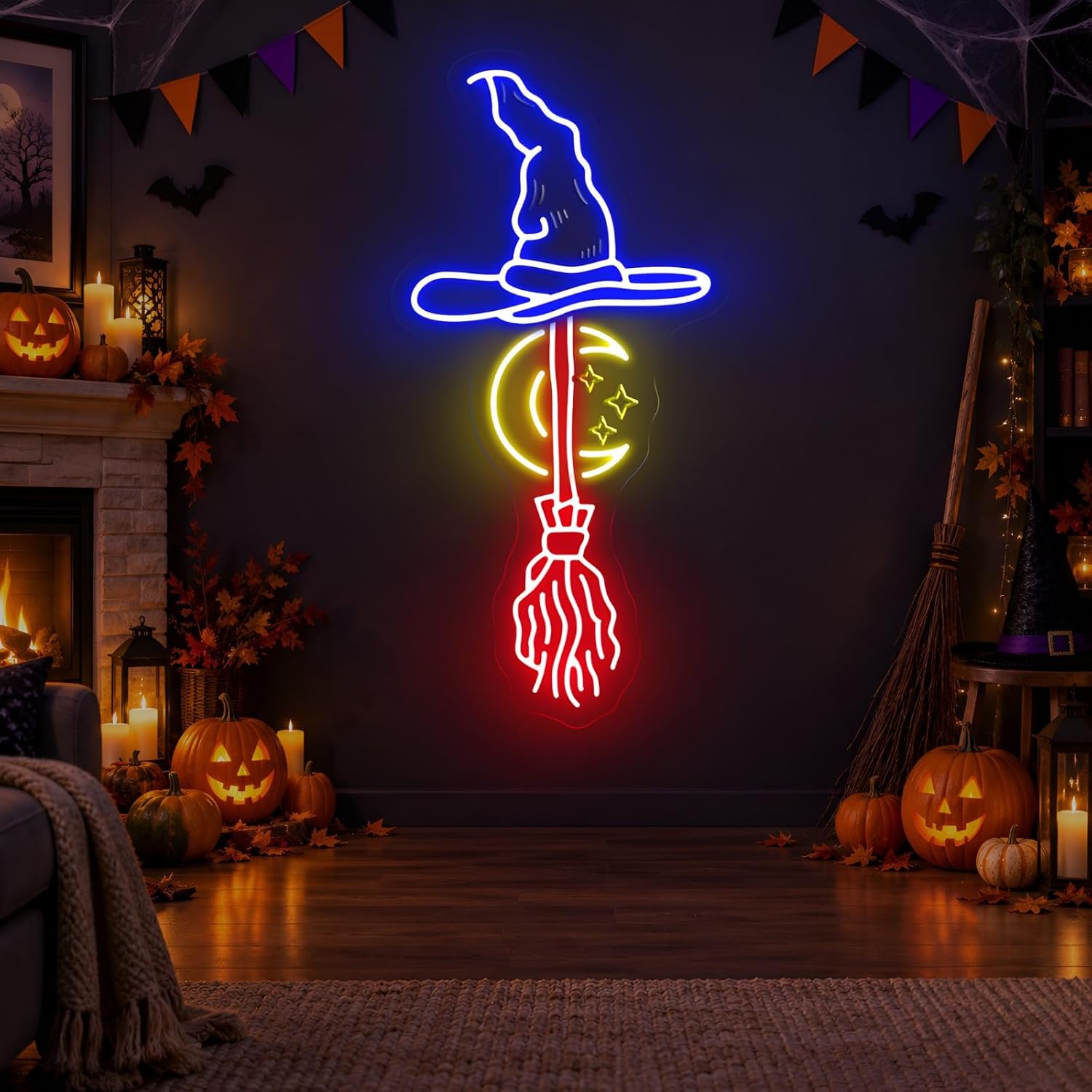Witch Hat Broom Neon Sign Moon - Neon Sign Party recension och pris