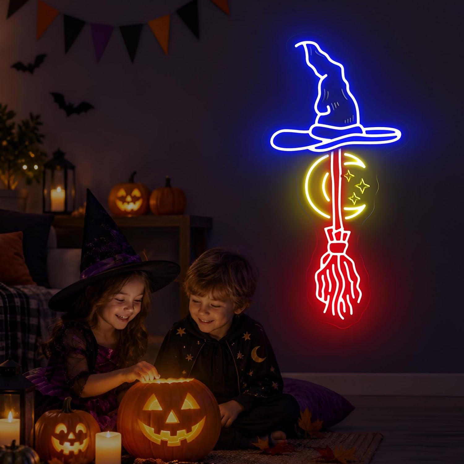 Witch Hat Broom Neon Sign Moon - Neon Sign Party recension och pris