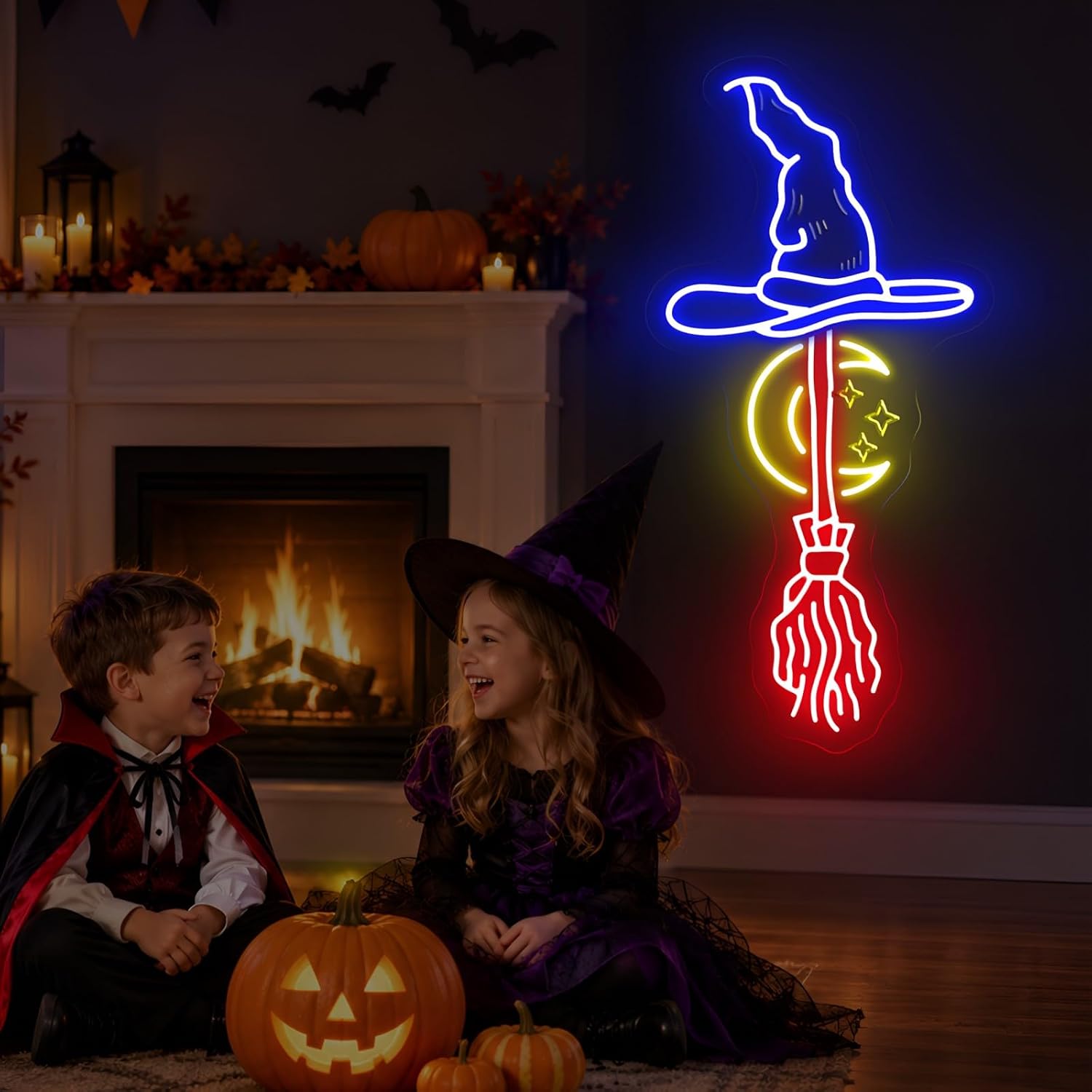 Witch Hat Broom Neon Sign Moon - Neon Sign Party recension och pris